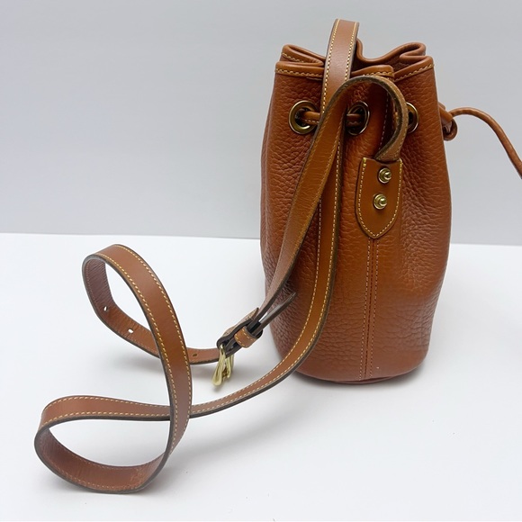 Vintage Dooney & Bourke Mini Bucket Drawstring Shoulder Bag Cognac Leather - Picture 7 of 16